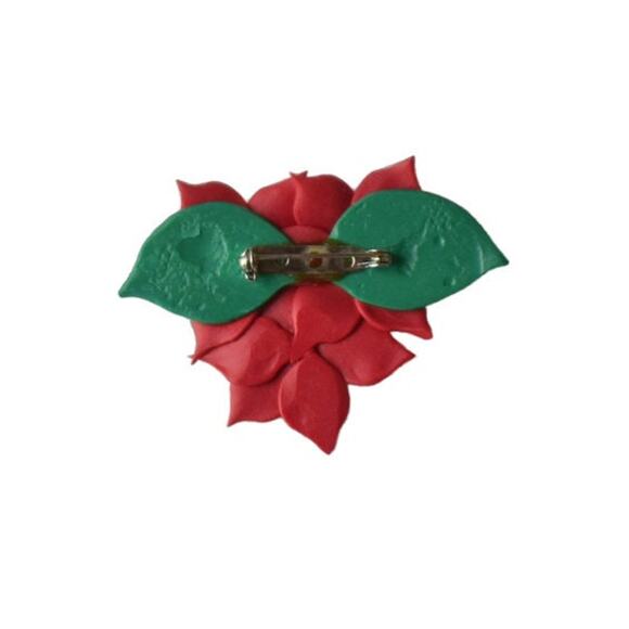 Artisan Red Green Yellow Polymer Clay Christmas Trio of Poinsettia Pin Brooch - Picture 2 of 3